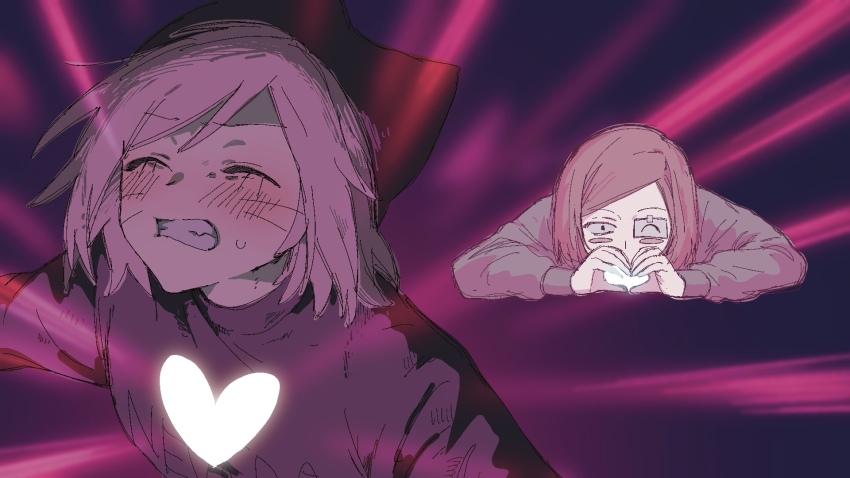 2boys animal_hat brown_hair bucchigiri?! cat_hat clenched_teeth closed_eyes commentary_request hat heart heart_hands highres komiroku love_je_t&#039;aime luther_von_ivory male_focus multiple_boys nyen_(randal&#039;s_friends) one_eye_closed purple_background randal&#039;s_friends taped_note teeth whiskers yaoi