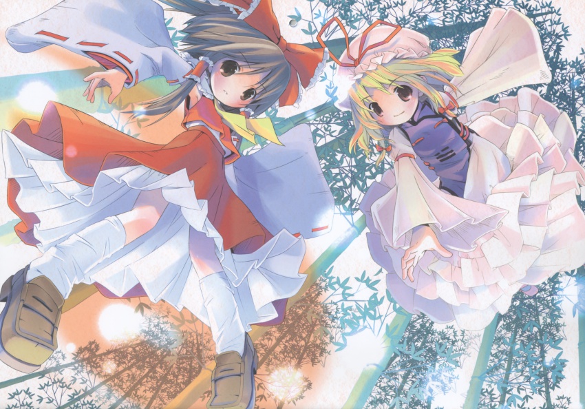 2girls bamboo bamboo_forest blonde_hair bow brown_eyes brown_hair detached_sleeves female_focus forest from_above hakurei_reimu hat highres japanese_clothes loafers miko multiple_girls nature no_nose pink_eyes pop shoes short_hair touhou yakumo_yukari