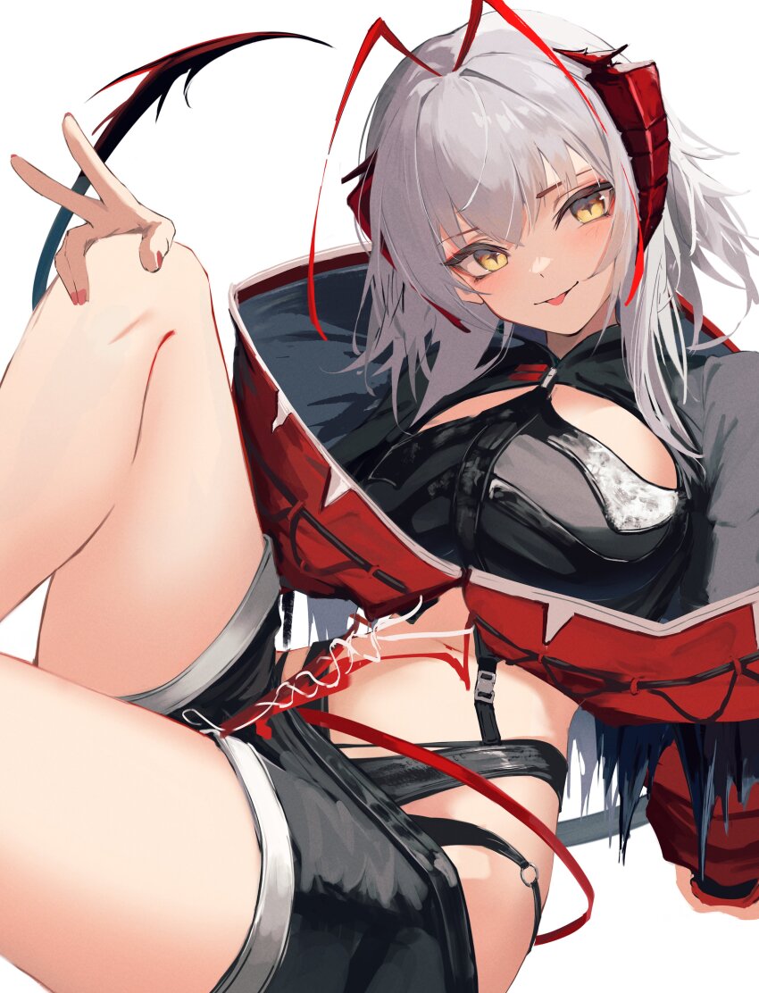 1girl absurdres antenna_hair arknights black_shorts blush breasts commentary crop_top cross-shaped_pupils demon_girl demon_horns demon_tail eyeshadow feet_out_of_frame grey_hair highres horns jacket knee_up looking_at_viewer makeup medium_breasts medium_hair multicolored_hair nail_polish nekomatamago o-ring official_alternate_costume open_clothes open_jacket red_eyeshadow red_hair red_horns red_jacket red_nails short_shorts shorts simple_background sitting smile solo symbol-shaped_pupils tail tongue tongue_out two-tone_hair v w_(arknights) white_background wis&#039;adel_(arknights) yellow_eyes