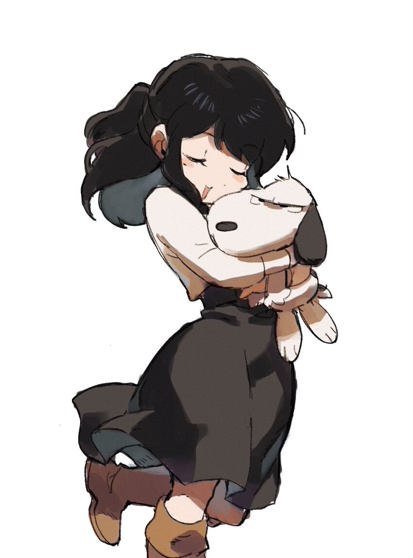 1girl annoyed artist_self-insert beagle black_hair blush boots brown_footwear closed_eyes dog highres jeto_(jetopyon) long_hair long_sleeves open_mouth original simple_background sketch smile snoopy white_background