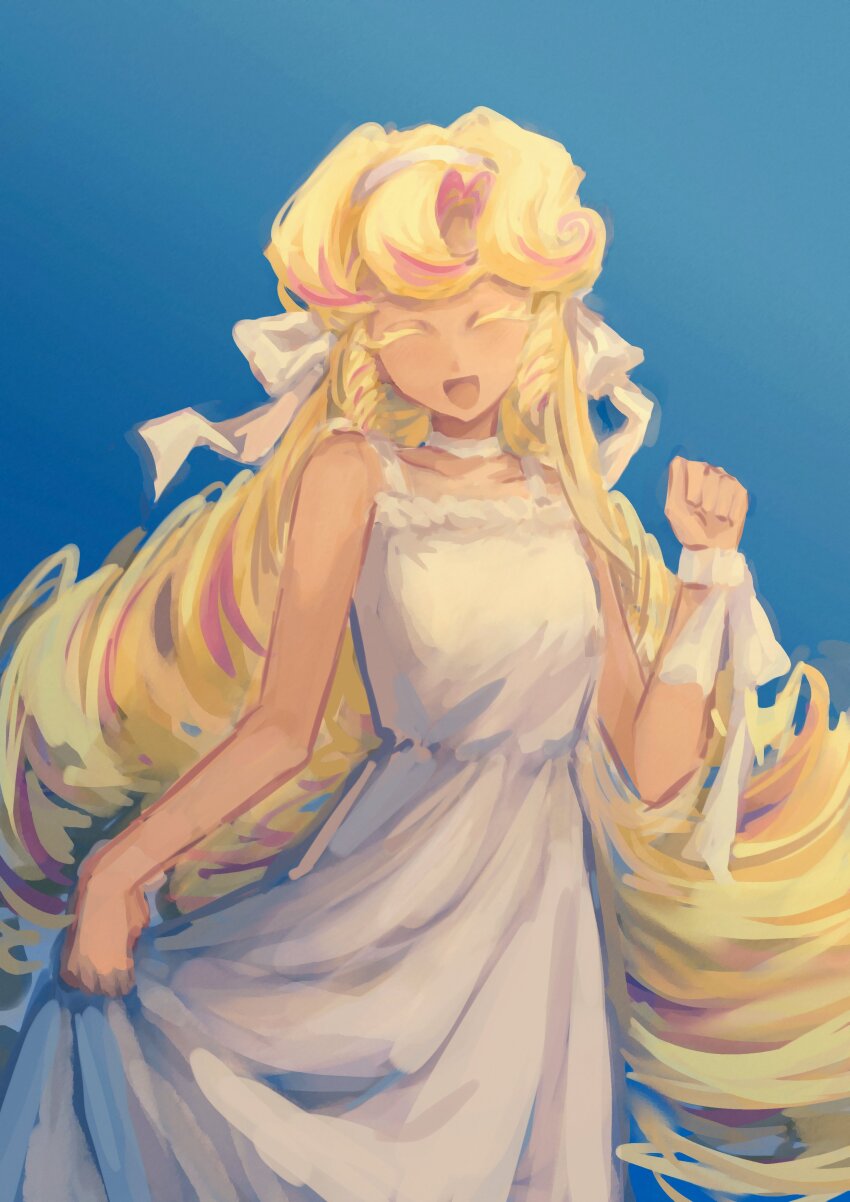1girl :d absurdres alternate_costume bare_shoulders blonde_hair blue_background bow closed_eyes colored_eyelashes cookie_run cookie_run:_kingdom curly_hair dress flipped_bangs highres humanization kouign-amann_cookie long_hair looking_at_viewer mokaink28 multicolored_hair open_mouth pink_hair pink_streaks ribbon simple_background smile solo standing sundress upper_body very_long_hair white_bow white_dress white_ribbon