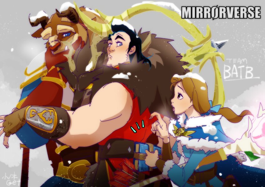 absurdres beast_(disney) beauty_and_the_beast_(disney) belle_(disney) black_hair brown_hair disney disney_mirrorverse gaston highres