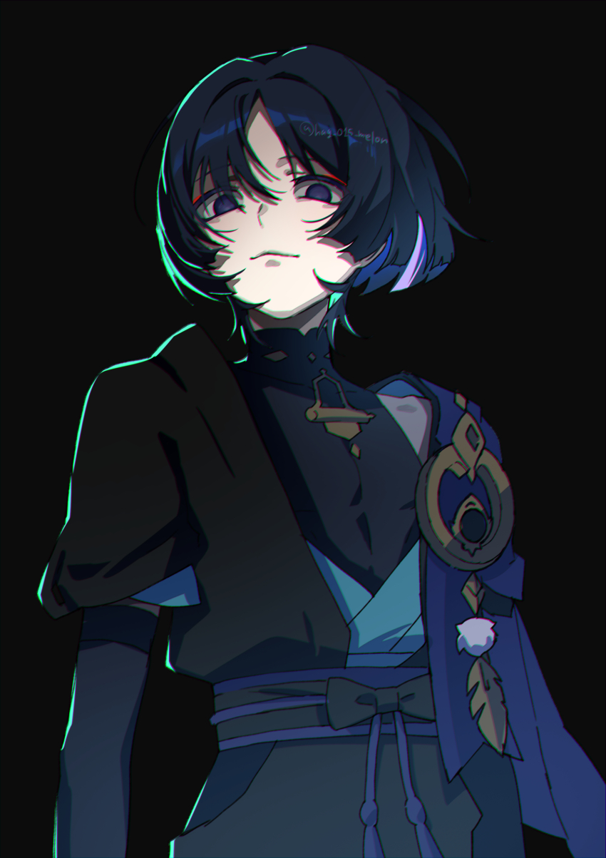 1boy arms_at_sides belt black_background black_belt black_bodysuit black_bow black_gemstone black_hair black_kimono black_shorts black_sleeves blue_cape blue_hair blue_kimono blue_sleeves bodysuit bow cape closed_mouth colored_inner_hair covered_collarbone dark_persona empty_eyes eyeliner eyeshadow feathers gem genshin_impact gold hag_(hag_015) han&#039;eri highres hip_vent japanese_clothes kimono layered_kimono layered_sleeves makeup male_focus mandarin_collar multicolored_hair open_clothes open_kimono parted_bangs pom_pom_(clothes) purple_eyes purple_hair purple_sash red_eyeliner red_eyeshadow sash scaramouche_(genshin_impact) short_sleeves shorts shoulder_peek sidelighting smile solo streaked_hair twitter_username upper_body wanderer_(genshin_impact) yellow_feathers