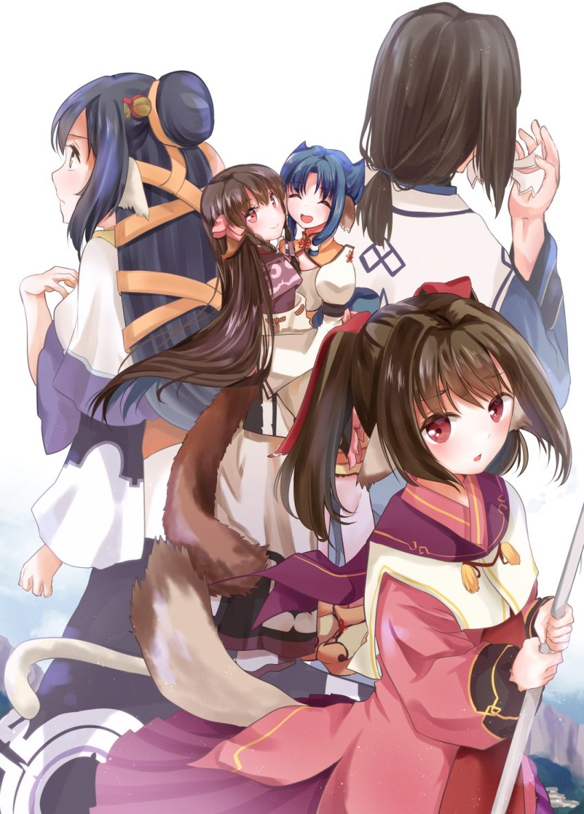1boy 4girls ainu_clothes animal_ears aquaplus atuy black_hair blue_hair blush braid breasts brown_hair cat_tail closed_eyes dress from_behind from_side full_body hair_between_eyes hair_ornament hair_ribbon haku_(utawarerumono) hand_on_own_chest high_ponytail highres holding holding_mask holding_staff holding_weapon kuon_(utawarerumono) kurage_727 long_hair long_sleeves looking_at_viewer low_ponytail mask medium_breasts multiple_girls nekone_(utawarerumono) open_mouth ponytail red_eyes red_ribbon ribbon rulutieh short_hair_with_long_locks sidelocks small_breasts smile squirrel_tail staff tail twintails unworn_mask utawarerumono utawarerumono:_futari_no_hakuoro utawarerumono:_itsuwari_no_kamen very_long_hair weapon wide_sleeves yellow_eyes