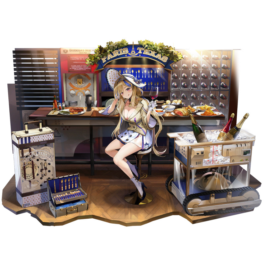 1girl :d ahoge alcohol artist_request baked_potato bar_(place) beer blonde_hair blue_hair boots breasts buttons chicken_(food) cleavage cup double-breasted drinking_glass english_text faux_figurine food fork fried_chicken full_body game_cg girls&#039;_frontline girls&#039;_frontline_neural_cloud gloves hat highres holding holding_cup ice jacket knife licking_lips long_hair millau_(neural_cloud) mole mole_on_breast official_art on_stool open_mouth plate rolling_suitcase sitting skirt smile solo soup sparkling_eyes spoon steak suitcase sun_hat third-party_source tongue tongue_out transparent_background utensil_rack white_boots white_gloves white_skirt wine wine_glass wine_rack yellow_jacket