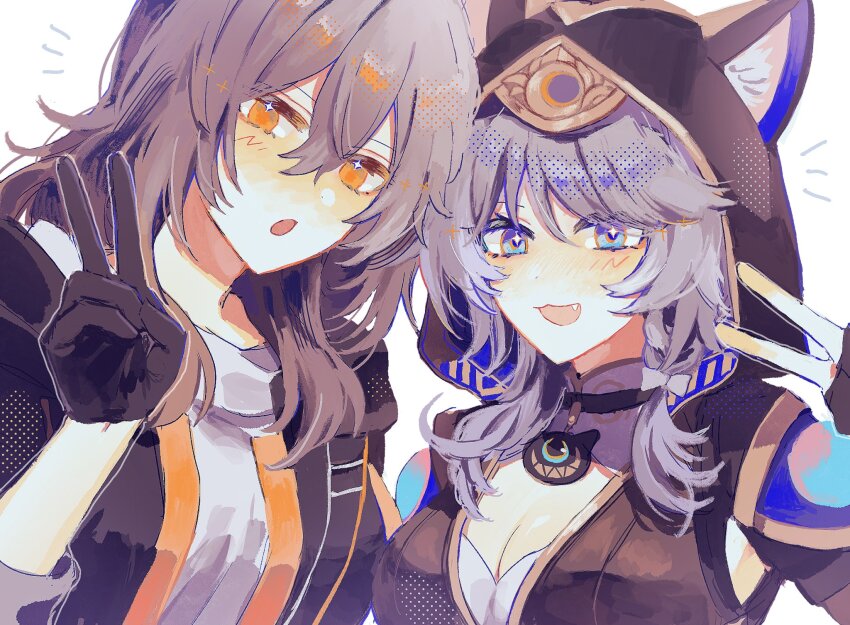 2girls :o animal_ear_fluff animal_ears animal_hood black_gloves black_jacket blue_eyes breasts cat_ears cat_girl cat_hood cipher_(honkai:_star_rail) cleavage commentary_request fang fingerless_gloves gloves grey_hair highres honkai:_star_rail honkai_(series) hood jacket large_breasts looking_at_viewer medium_hair multiple_girls open_mouth shirt short_hair_with_long_locks stelle_(honkai:_star_rail) takigi_(ttttttataki) trailblazer_(honkai:_star_rail) upper_body v white_background white_shirt yellow_eyes