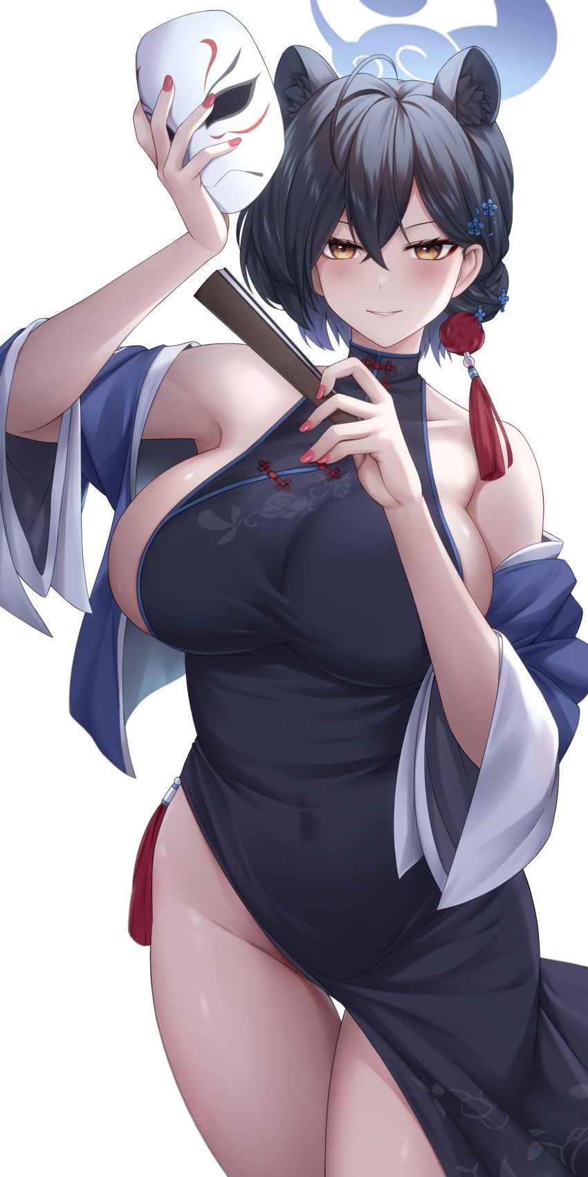 1girl absurdres animal_ear_fluff animal_ears bare_shoulders black_dress black_hair blue_archive blue_halo blush breasts chien_zero china_dress chinese_clothes commentary_request covered_navel cowboy_shot crossed_bangs dress eyeliner hair_between_eyes hair_ornament halo hand_fan highres holding holding_fan holding_mask huge_breasts kaguya_(blue_archive) looking_at_viewer makeup mask panther_ears panther_girl pink_nails red_eyeliner short_hair sideboob simple_background smile solo standing tassel tassel_hair_ornament thigh_gap thighs white_background wide_sleeves yellow_eyes