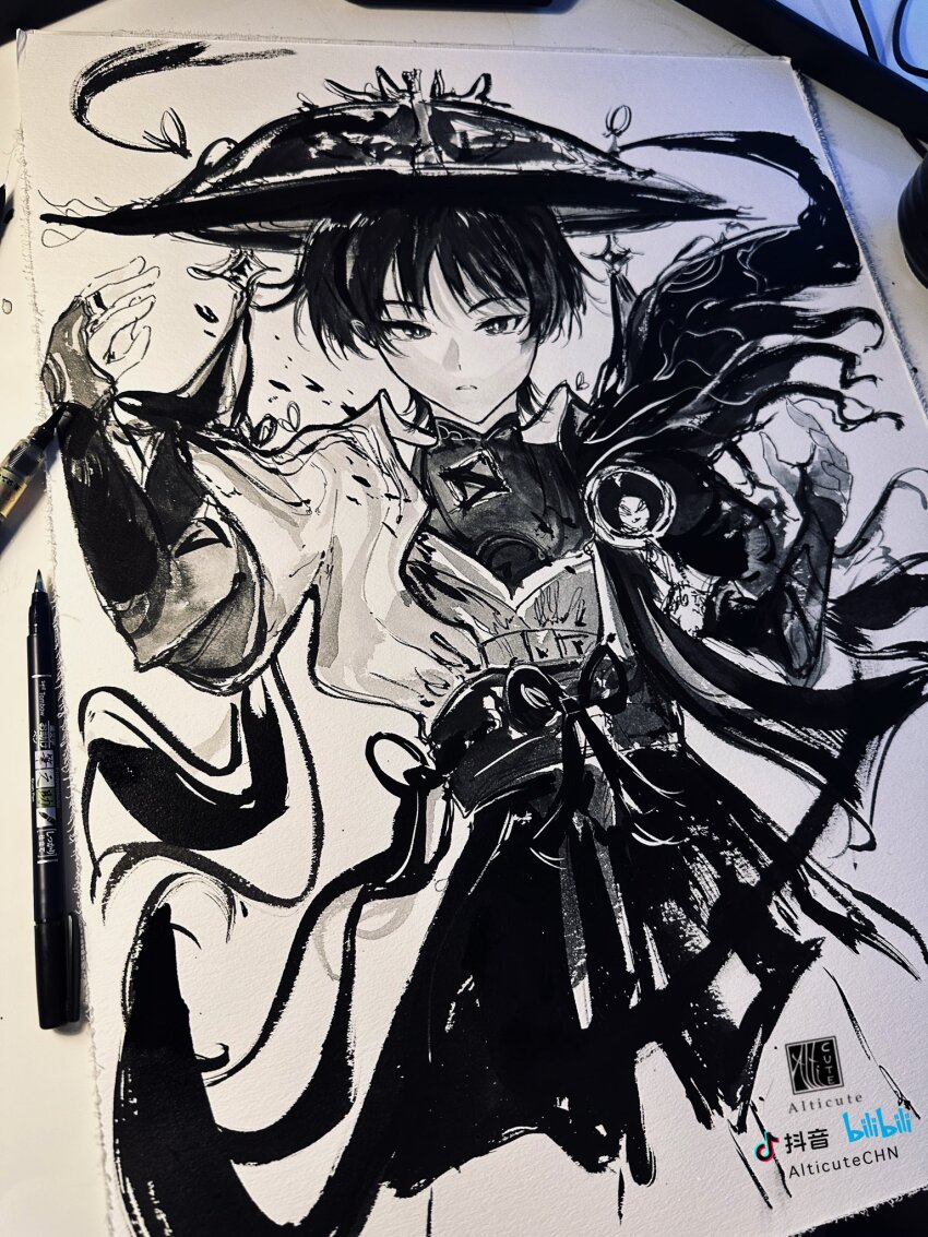 1boy alticute art_tools_in_frame artist_name belt bilibili_logo blunt_ends bodysuit bow bridal_gauntlets calligraphy_brush_(medium) cross-eyed expressionless gem genshin_impact gold_ring greyscale hat highres japanese_clothes jingasa kimono looking_at_viewer male_focus mandarin_collar middle_ring monochrome open_clothes open_hands open_kimono outstretched_arms parted_lips pen_(medium) photo_(medium) sash scaramouche_(genshin_impact) scene_reference short_sleeves shorts shoulder_peek sketch solo spread_arms straight-on tassel tiktok_logo traditional_media vision_(genshin_impact) wanderer_(genshin_impact)