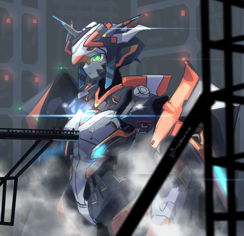 1girl absurdres artist_name colossus_(natsukaze_shigure) crane_(machine) from_side giant giantess glowing glowing_eyes green_eyes highres horns mecha mecha_musume mechanical_wings natsukaze_shigure no_humans original robot robot_girl science_fiction single_horn solo wings
