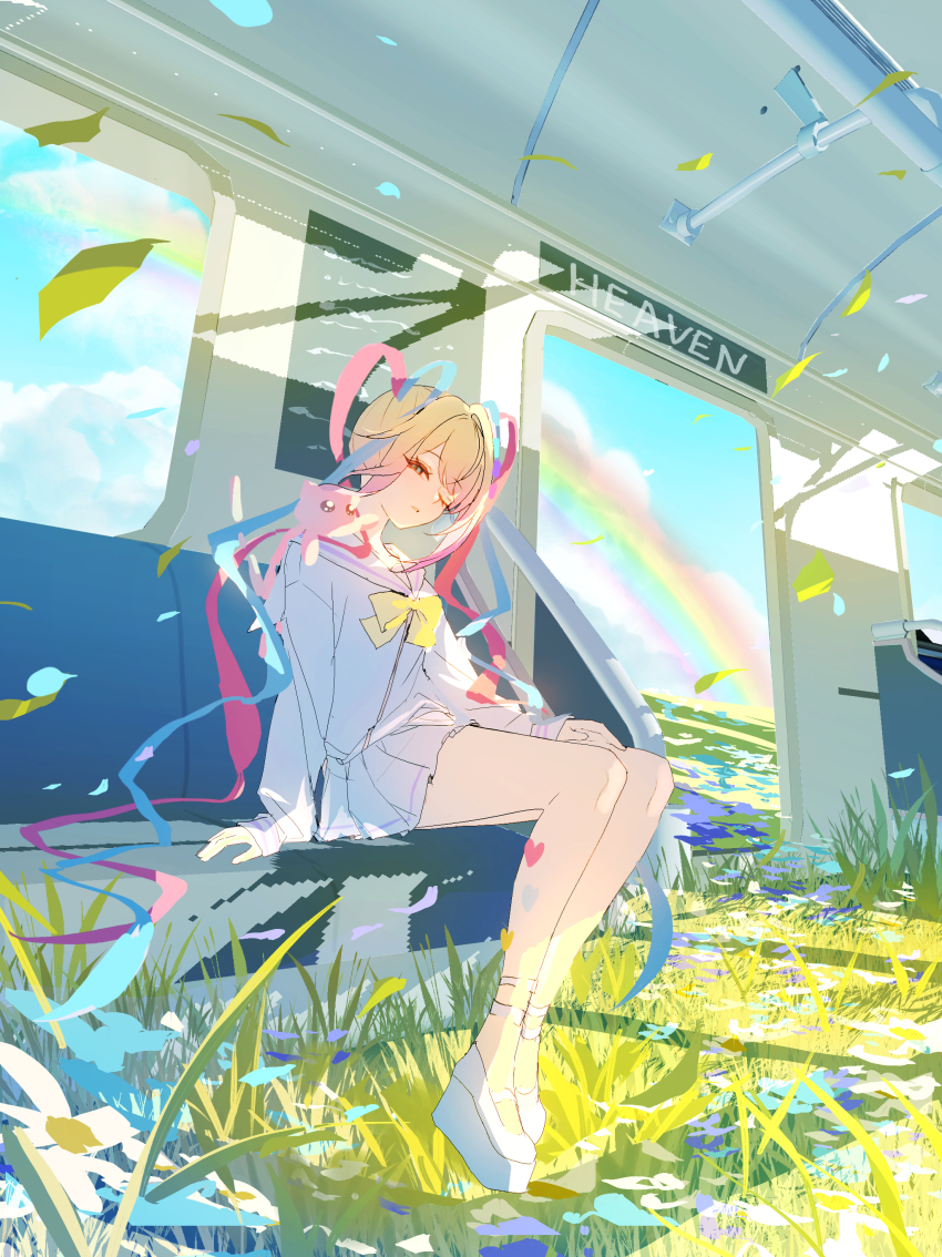1girl absurdres blue_eyes blue_serafuku blue_sky bow breasts chouzetsusaikawa_tenshi-chan cloud colorful grass hair_bow hair_ornament half-closed_eyes heart heart_hair_ornament highres junpaku_karen leaf long_hair needy_girl_overdose outdoors pien_cat_(needy_girl_overdose) pin pink_bow purple_bow quad_tails rainbow scenery school_uniform serafuku shoes sitting skirt sky small_breasts smile solo train train_interior very_long_hair window