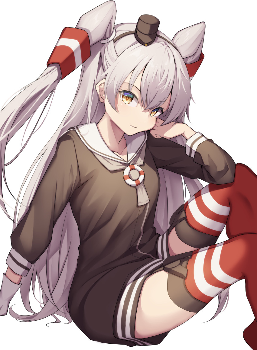 1girl absurdres amatsukaze_(kancolle) blush brown_dress brown_eyes creek_(moon-sky) dress garter_straps gloves grey_hair grey_neckerchief hair_tubes hat highres kantai_collection long_hair long_sleeves looking_at_viewer mini_hat neckerchief red_thighhighs sailor_collar sailor_dress short_dress single_glove sitting smokestack_hair_ornament solo striped_clothes striped_thighhighs thighhighs two_side_up white_background white_sailor_collar