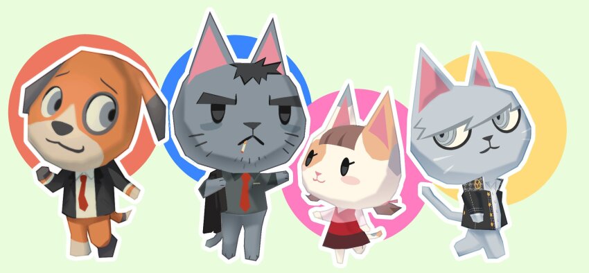 1girl 3boys adachi_tooru animal_crossing animalization asymmetrical_footwear beard_stubble black_hair black_jacket blue_circle buttons calico cat child cigarette circle closed_mouth collared_jacket collared_shirt cousins crossover dog doujima_nanako doujima_ryoutarou dress facial_hair father_and_daughter full_body grey_cat grey_eyes grey_fur highres jacket jacket_on_shoulders long_sleeves looking_to_the_side mismatched_footwear multicolored_cat multicolored_dress multiple_boys narukami_yu necktie nintendo outstretched_arm persona persona_4 pink_circle popped_collar red_circle red_necktie sam_(kyaptainkiddo) school_uniform shirt side-by-side sideways_glance solid_oval_eyes standing standing_on_one_leg stubble swept_bangs thick_eyebrows uncle_and_nephew unworn_jacket whiskers white_shirt wing_collar yasogami_school_uniform yellow_circle