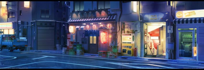 3d absurdres arsenixc car city commentary crate door game_cg highres letterboxed motor_vehicle night no_humans official_art official_wallpaper original outdoors road scenery shop sign street vending_machine visual_novel vvcephei
