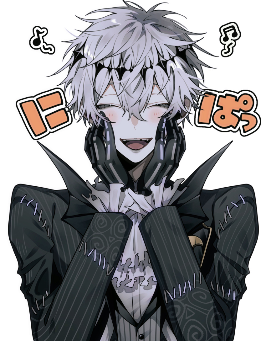 1boy absurdres black_jacket blush closed_eyes diamond_hairband facing_viewer gloves grey_hair grey_vest hair_between_eyes hands_on_own_cheeks hands_on_own_face highres jacket long_sleeves male_focus missing_tooth musical_note omumeshi open_clothes open_jacket open_mouth pale_skin simple_background skully_j._graves solo twisted_wonderland upper_body vest white_background