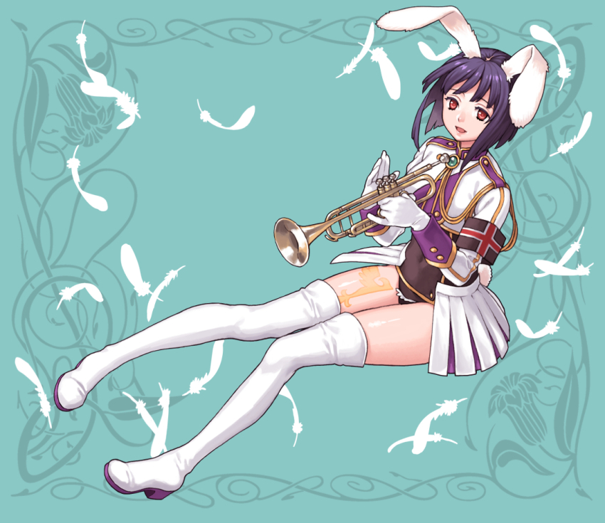1girl aiguillette animal_ears aqua_background armband black_hair bob_cut boots chiester556 covered_navel feathers gloves holding holding_instrument instrument ito_fumi long_sleeves open_mouth pleated_skirt rabbit_ears rabbit_tail red_eyes short_hair showgirl_skirt sitting skirt smile solo tail thigh_boots trumpet umineko_no_naku_koro_ni uniform white_boots white_gloves