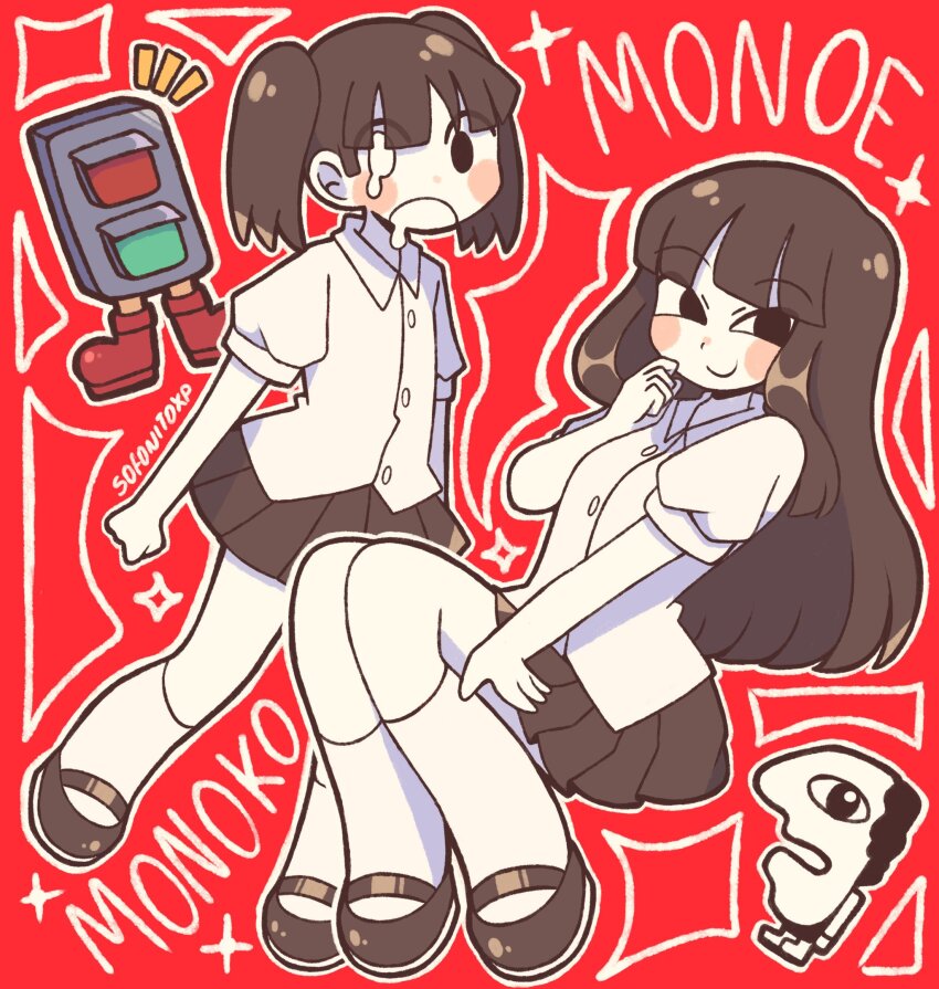1boy 3girls black_eyes black_hair black_shoes black_skirt blunt_bangs blush character_name character_request closed_mouth collared_shirt colored_skin drooling heterochromia highres long_hair looking_at_viewer madotsuki monoe monoko mouth_drool multiple_girls open_mouth red_background shirt shoes short_hair short_sleeves short_twintails skirt smile socks sofo_soup twintails white_eyes white_shirt white_skin white_socks yume_nikki