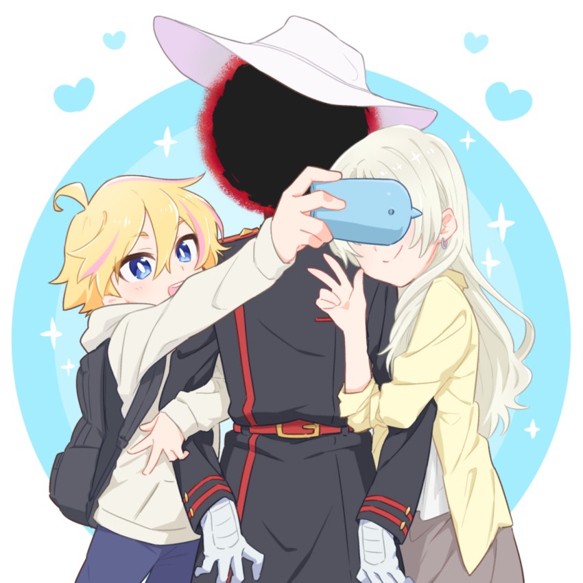 10s 1girl 2boys ahoge alpha_omega_nova backpack bag black_hole blackholian blonde_hair bright_pupils cellphone covered_eyes cowboy_shot dress earrings hat heart highres jewelry locked_arms long_hair mt.somo multicolored_hair multiple_boys phone selfie short_hair simple_background smartphone smile sparkle spoilers streaked_hair sun_hat uchuu_patrol_luluco v white_background whiteholian