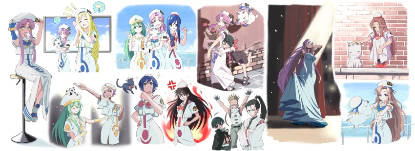 &gt;_&lt; 3boys 3others 6+girls ? absurdres aika_granzchesta aino_ai akira_ferrari albert_pitt alice_carroll alicia_florence ametsuchi_akino animal animal_on_head aqua_eyes aria_(manga) aria_company_uniform aria_pokoteng arm_behind_head arm_up athena_glory ayanokouji_udo_li bag bar_stool belt belt_buckle beret black_belt black_cat black_hair blonde_hair blouse blue_gloves blue_hair blue_ribbon blue_sky blue_trim blush boots bow braid brick_wall brown_hair brown_shirt brown_shoes brown_shorts buckle cape cat cat_on_head clenched_hand closed_eyes clothing_cutout cloud commentary_request crossed_arms curtained_hair dark-skinned_female dark_skin day detached_sleeves dress earrings embarrassed fingerless_gloves fire glasses gloves green_eyes green_hair green_pants green_shirt groceries grocery_bag hair_between_eyes hair_ornament hair_ribbon hair_tubes hairclip haitempo hand_on_headwear hand_on_own_chest hand_on_own_hip hand_up hands_on_own_hips hat high_ponytail highres hime_granzchesta himeya_company_uniform holding holding_animal holding_bag holding_cat izumo_akatsuki jacket jewelry light_bulb long_dress long_hair looking_at_viewer looking_up mizunashi_akari multiple_boys multiple_girls multiple_others music neckerchief ocean on_head on_stool one_eye_closed open_mouth open_window orange_planet_uniform outdoors outstretched_arm outstretched_arms own_hands_together palms_together pants paper_bag parted_bangs petting pink_hair ponytail president_maa railing red_eyes red_neckerchief red_ribbon red_trim ribbon sailor_collar shirt shoes shopping_bag short_hair short_hair_with_long_locks short_sleeves shorts side_slit sidelocks singing single_glove sitting skirt_hold sky sleeve_cuffs sleeveless sleeveless_shirt smile speech_bubble spiked_hair standing stool strapless strapless_dress swept_bangs theater v very_long_hair white_boots white_cat white_dress white_hat white_shirt wide_sleeves window yellow_trim