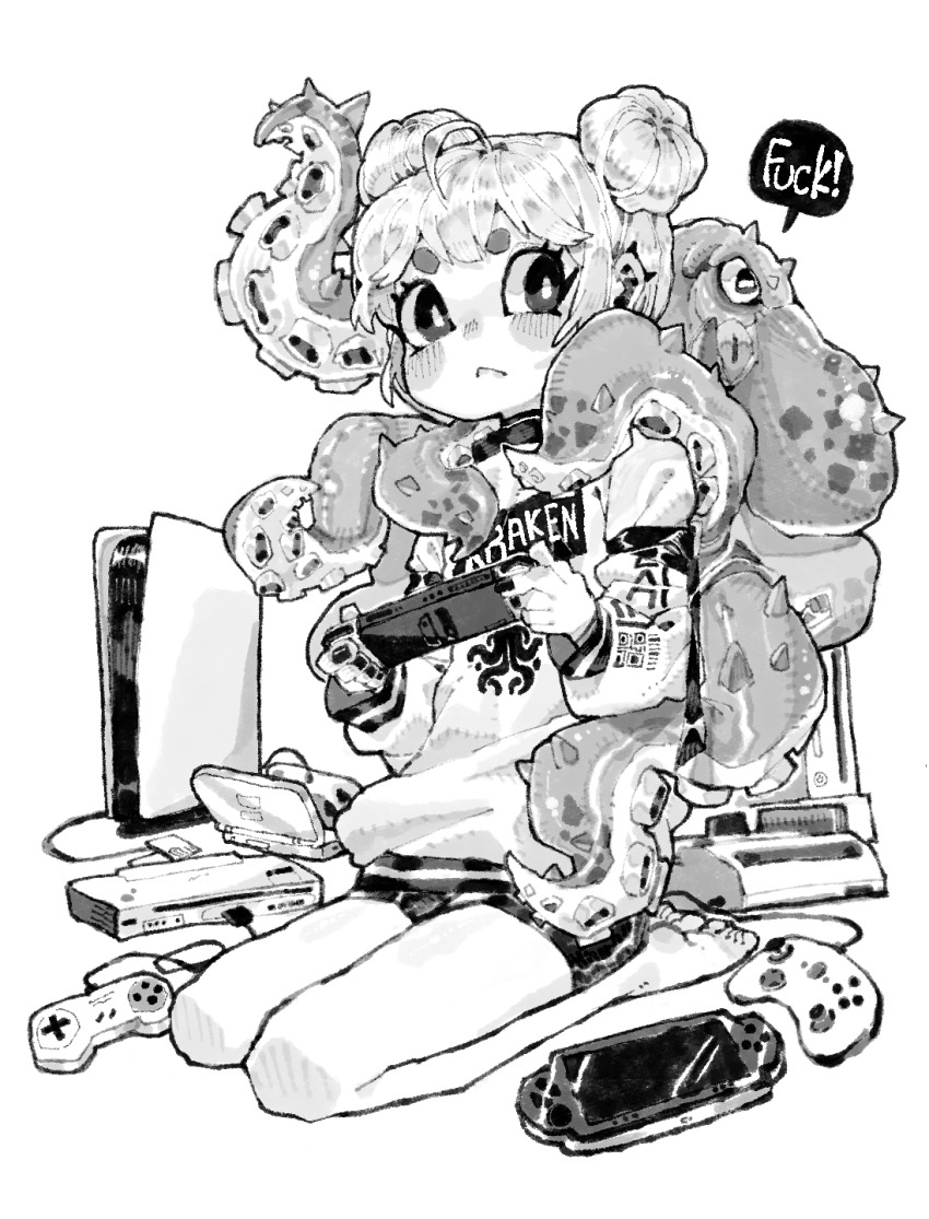 1girl ahoge animal barcode barefoot blush closed_mouth controller double_bun ear_piercing earrings english_text fingernails game_console game_controller greyscale hair_bun handheld_game_console hb_091 highres holding jewelry kneeling looking_back monochrome nintendo_ds nintendo_switch octopus original piercing playing_games playstation_4 playstation_portable profanity qr_code short_eyebrows short_hair simple_background speech_bubble spikes tentacles white_background wii