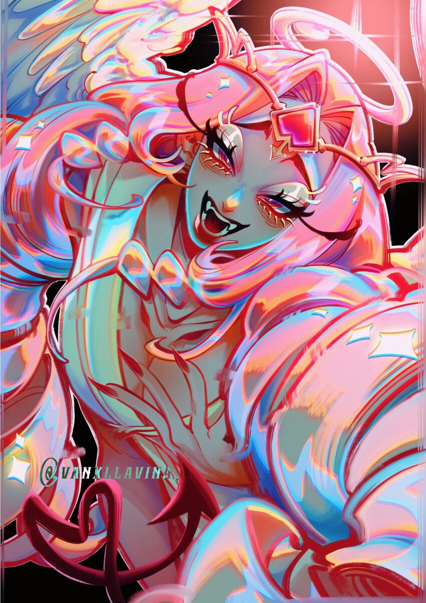 1girl angel angel_wings breasts cleavage colored_skin cookie_run cookie_run:_kingdom demon_girl demon_wings dress eternal_sugar_cookie highres long_hair medium_breasts pink_hair pink_skin solo vanxllavina very_long_hair white_dress wings