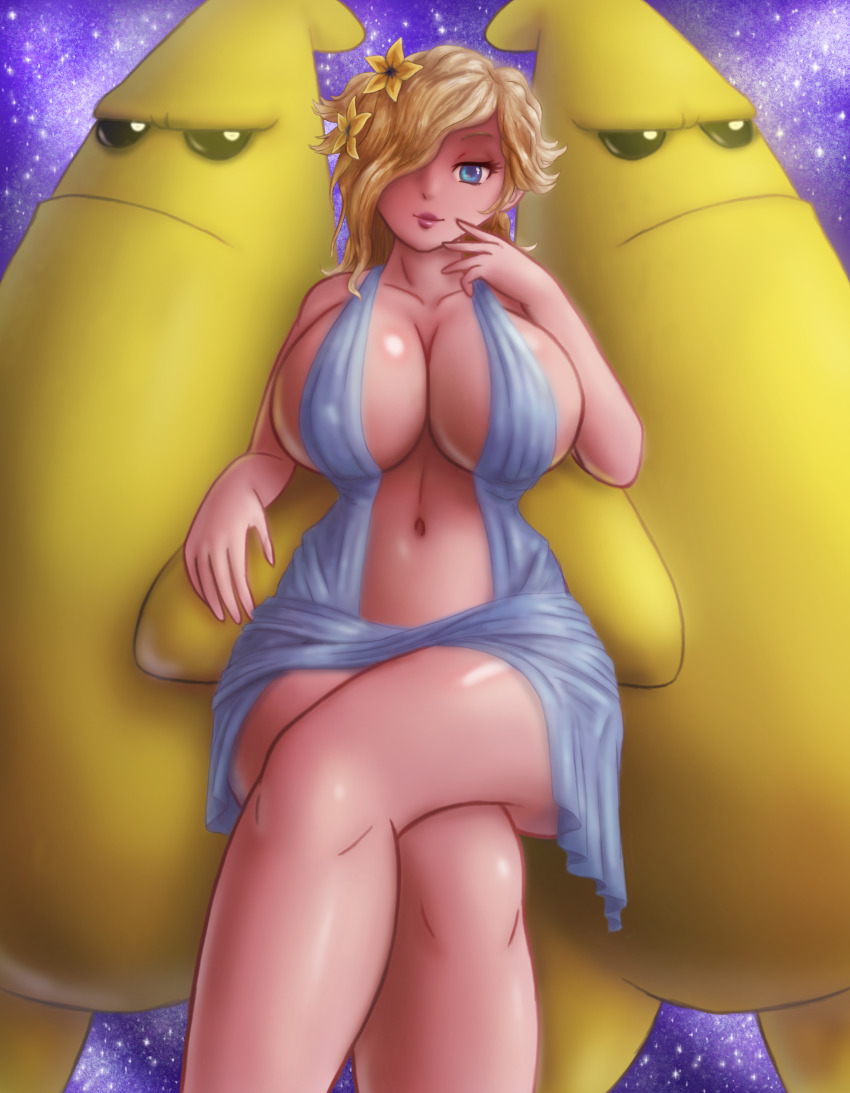 1girl absurdres ancient_greek_clothes aphrodite_(shuumatsu_no_valkyrie)_(cosplay) banana blonde_hair blue_cloth blue_eyes breasts cleavage cosplay crossed_legs dual_persona flowers_in_hair food fruit glasses greco-roman_clothes hair_over_one_eye highres huge_breasts long_hair looking_back luma_(mario) mario_(series) nintendo parody rosalina saf-404 seductive_smile servants_holding_aphrodite&#039;s_breasts_(meme) shuumatsu_no_valkyrie sideboob smile space super_mario_galaxy toned toned_female
