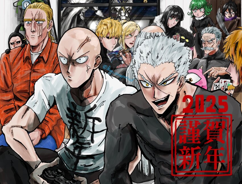 2025 angry bald bang_(one-punch_man) black_hair blonde_hair fang_oneperiod fubuki_(one-punch_man) garou_(one-punch_man) genos green_hair highres king_(one-punch_man) multiple_boys multiple_girls new_year one-punch_man onsoku_no_sonic playing playing_games saitama_(one-punch_man) scar tatsumaki white_hair