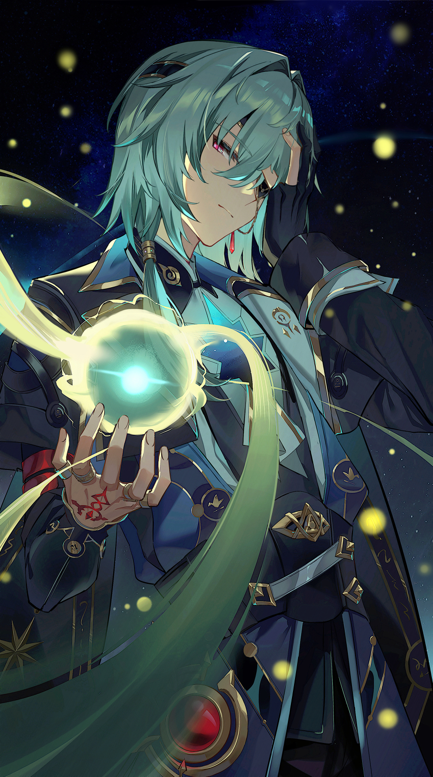 1boy absurdres anaxa_(honkai:_star_rail) aqua_hair black_gloves blue_jacket closed_mouth earrings eyepatch gloves hand_tattoo highres honkai:_star_rail honkai_(series) iras17514 jacket jewelry lapels male_focus multiple_rings notched_lapels partially_fingerless_gloves pink_eyes red_eyes ring single_earring single_glove sky smile solo star_(sky) starry_sky tattoo