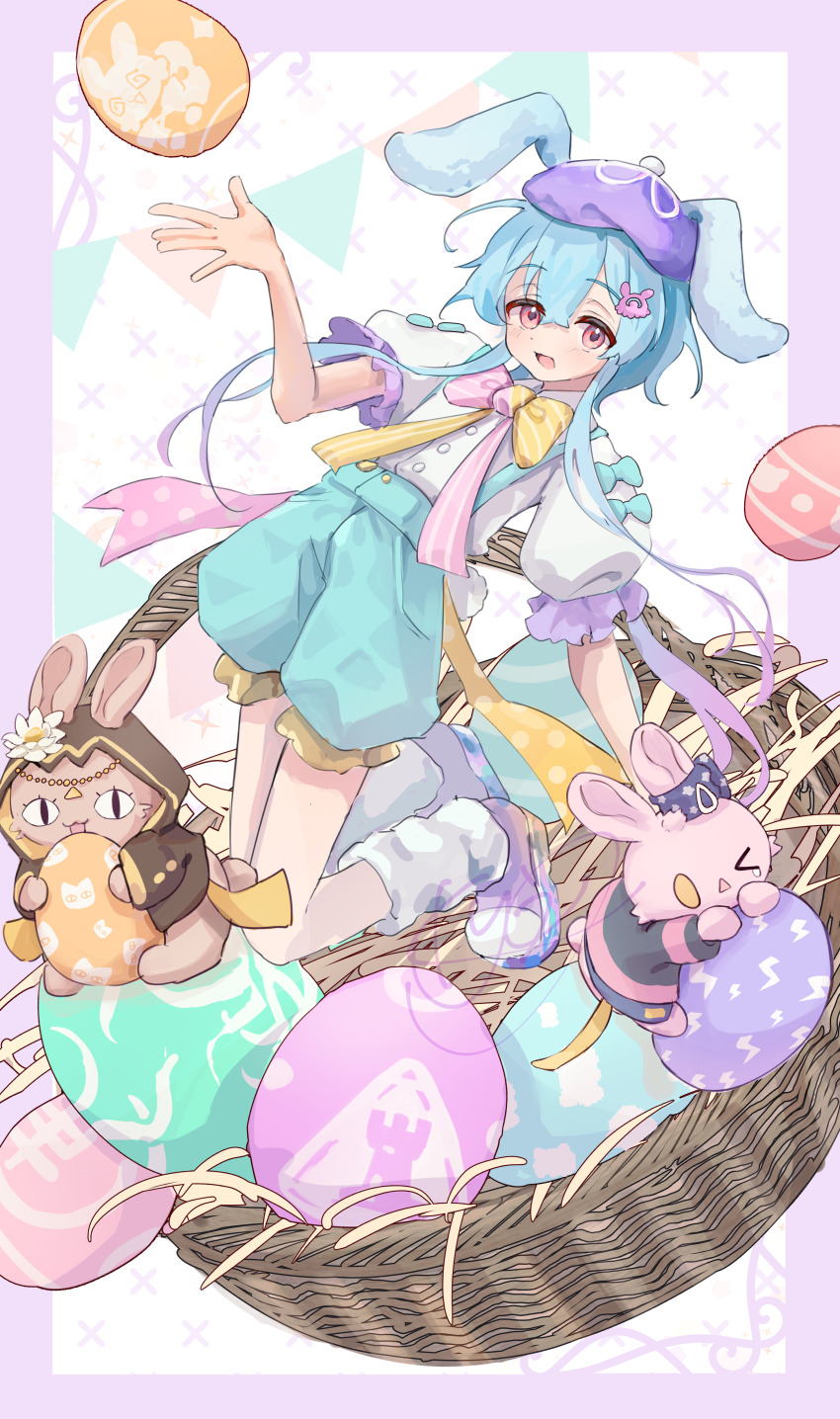 1boy absurdres alternate_costume animal_ears arknights basket blue_hair bow bowtie commentary_request easter easter_egg egg goldenglow_(arknights) hat highres male_focus mizuki_(arknights) pepe_(arknights) pink_eyes puffy_shorts rabbit_ears riu_kawano shirt short_sleeves shorts solo_focus white_shirt yellow_bow yellow_bowtie