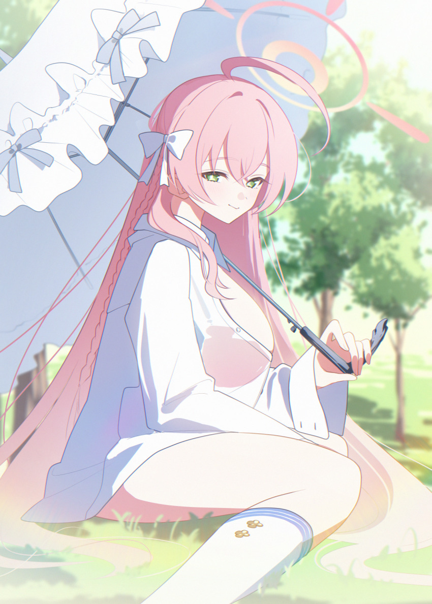 1girl bikini bikini_visible_through_clothes blue_archive blush closed_mouth commentary_request green_eyes hair_between_eyes hanako_(blue_archive) hanako_(swimsuit)_(blue_archive) highres holding holding_umbrella kaerunrun long_hair official_alternate_costume on_ground pink_bikini pink_hair revision see-through_clothes see-through_shirt shirt sidelocks sitting smile socks swimsuit umbrella white_shirt white_socks white_umbrella