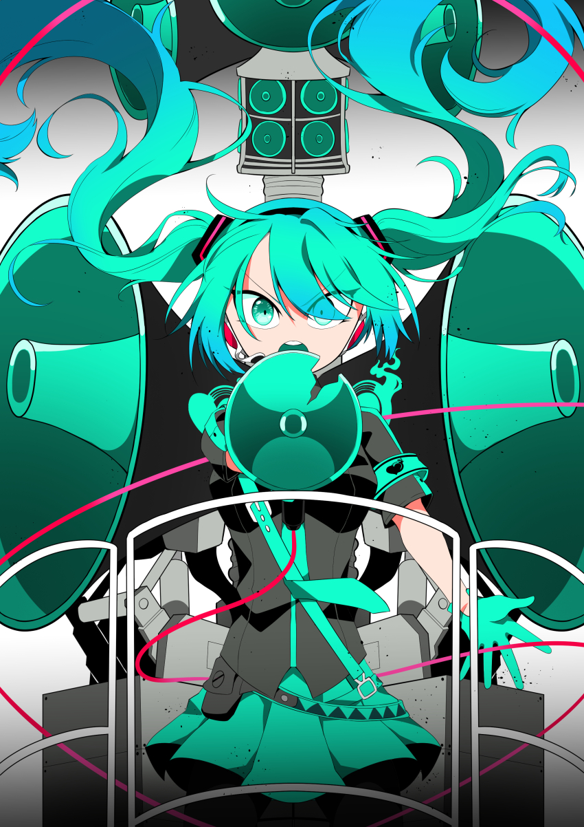 1girl absurdres aqua_eyes aqua_hair detached_sleeves gloves green_hair hair_ornament hatsune_miku headphones headset highres holding holding_megaphone koi_wa_sensou_(vocaloid) long_hair manemunya megaphone necktie open_mouth pantyhose pleated_skirt shirt skirt solo thighhighs twintails very_long_hair vocaloid
