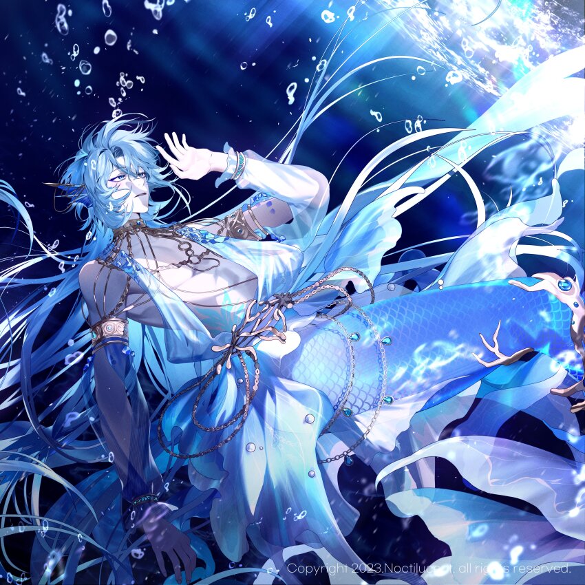 1boy absurdres air_bubble armlet wallet_chain blue_eyes blue_gemstone blue_hair blue_scales blue_shirt blue_theme bubble caustics copyright_notice curtained_hair detached_sleeves feet_out_of_frame fins gem gold_belt gold_collar gold_necklace hair_between_eyes hand_up head_fins highres jewelry long_hair looking_up male_focus merman monster_boy nakddidi necklace noctilucent:_before_dawn official_art parted_lips plunging_neckline see-through_clothes see-through_sleeves shading_eyes shirt sleeveless sleeveless_shirt solo underwater yve_(noctilucent)
