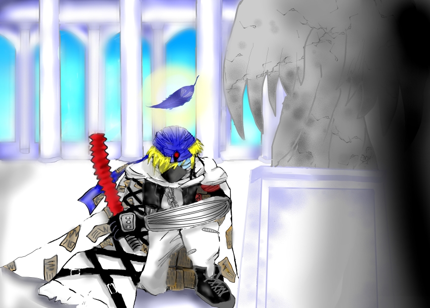 1boy absurdres baalmon cape digimon goddess_(digimon_xros_wars) highres male_focus mask solo statue wings