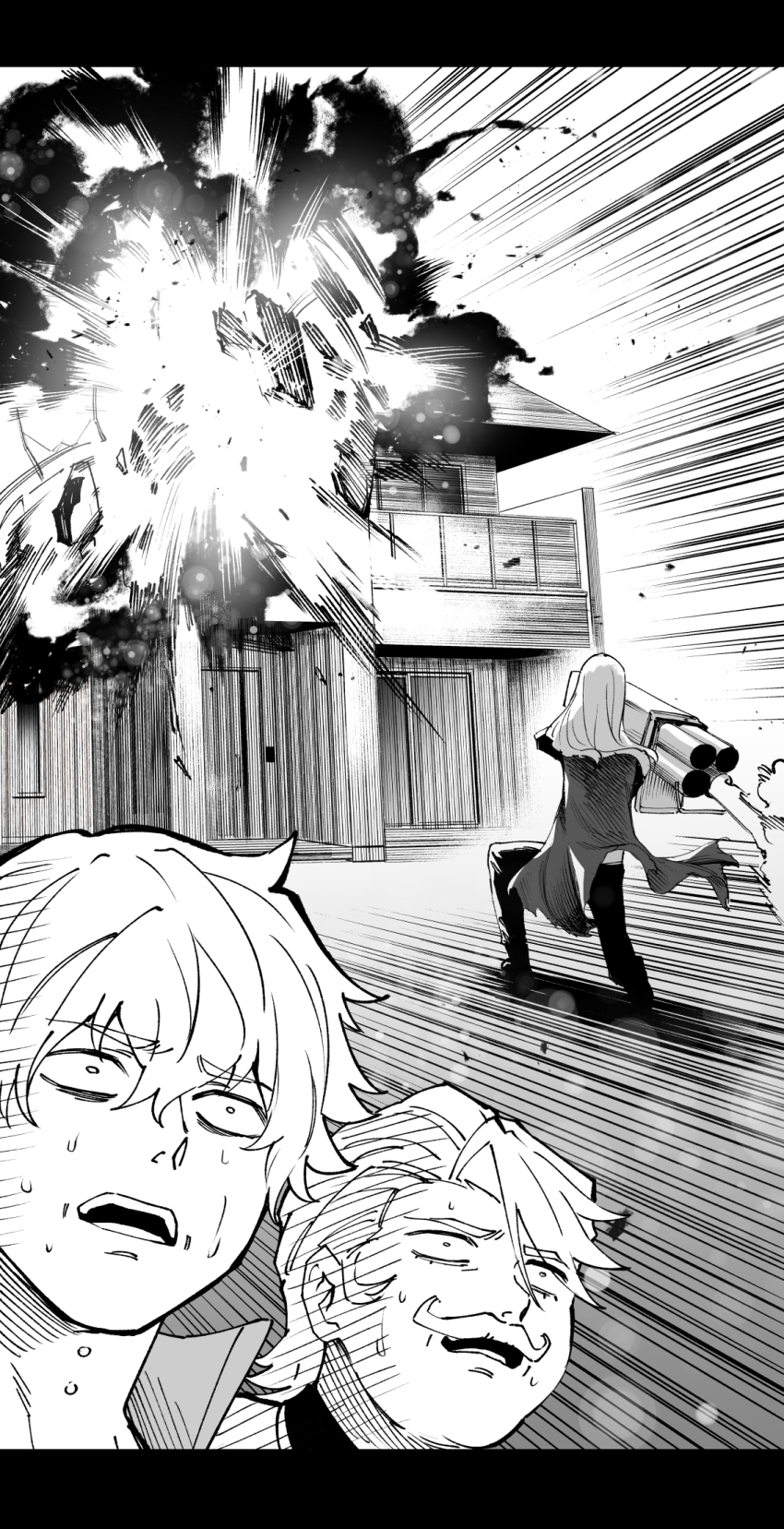 3boys comic explosion fate/grand_order fate_(series) goredolf_musik greyscale highres hirunagi kadoc_zemlupus long_hair m202_flash monochrome multiple_boys multishot_rocket_launcher open_mouth rocket_launcher short_hair silent_comic sweatdrop tezcatlipoca_(fate) weapon