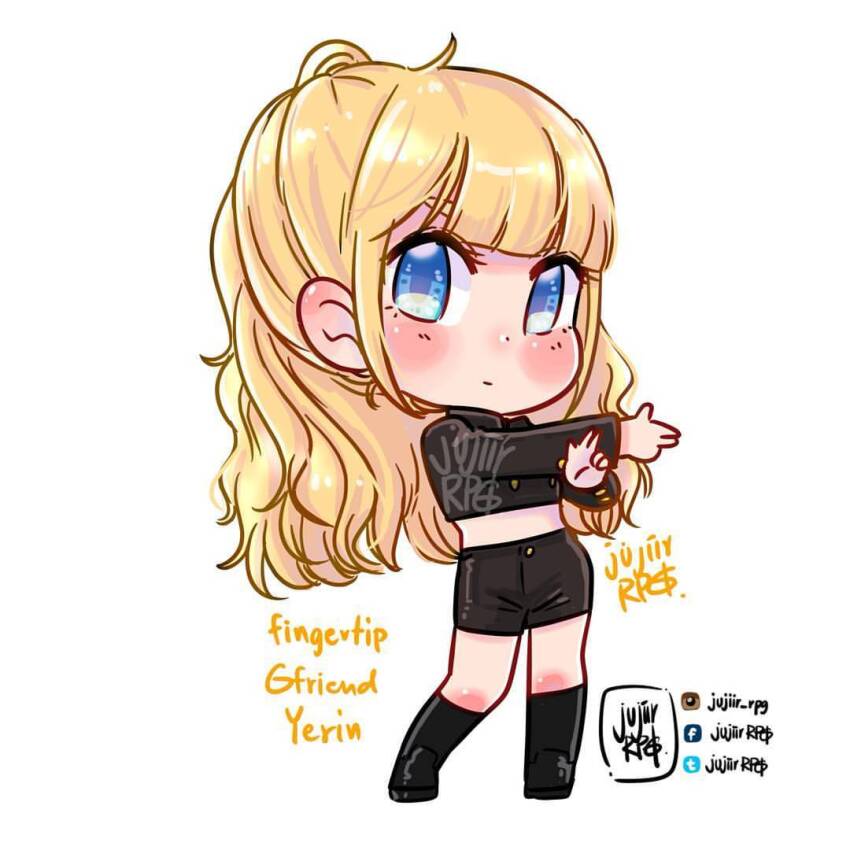 1girl artist_name_(singer) black_shorts black_socks blonde_hair blue_eyes blunt_bangs blush chibi chibi_only closed_mouth commentary_request crop_top facebook_username full_body gfriend group_name half_updo instagram_username jujiirrpg k-pop kneehighs long_hair looking_at_viewer real_life shorts sidelocks socks solo song_name thai_commentary twitter_username yerin_(gfriend)