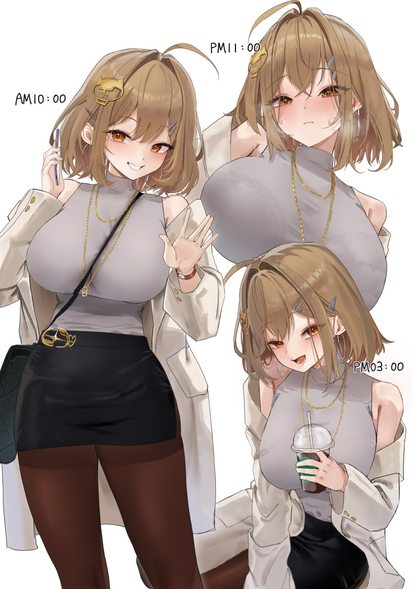 1girl absurdres ahoge alternate_costume anis_(nikke) black_pantyhose black_skirt breasts brown_eyes brown_hair coat commentary cowboy_shot cropped_torso cup disposable_cup earrings goddess_of_victory:_nikke grey_sweater highres holding holding_cup holding_phone jewelry large_breasts miniskirt multiple_views necklace pantyhose pencil_skirt phone rossy_(yowayowachimpo) short_hair skirt smile sweater white_background white_coat