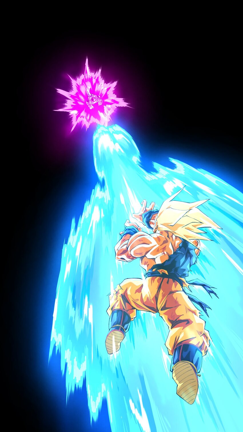 2boys absurdres aura battle black_background blonde_hair blue_shirt colored_skin dragon_ball dragonball_z frieza full_body full_power_frieza highres kamehameha_(dragon_ball) male_focus multiple_boys muscular muscular_male nishitakuart orange_pants pants revision shirt simple_background son_goku spiked_hair super_saiyan super_saiyan_1 torn_clothes torn_shirt white_skin