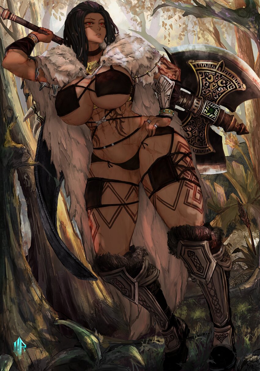 abs absurdres arm_tattoo arm_up armor armored_boots axe battle_axe boots bracer breasts brown_hair cape choker commentary commission dappled_sunlight dark-skinned_female dark_skin day double-sided_axe dreadlocks dutch_angle english_commentary facial_mark final_fantasy final_fantasy_xiv full_body fur_cape gluteal_fold half-closed_eyes hand_on_own_hip highres holding holding_axe holding_weapon huge_breasts huge_weapon ikerellatab jewelry leg_tattoo legs_apart light_smile lips long_hair looking_at_viewer looking_to_the_side multiple_rings multiple_scars muscular muscular_female navel outdoors over_shoulder parted_lips red_eyes ring scar scar_across_eye scar_on_breasts scar_on_chest scar_on_face scar_on_leg scar_on_stomach scars_all_over stomach stomach_tattoo sunlight tattoo too_many underboob underbust warrior_(final_fantasy) warrior_of_light_(ff14) weapon weapon_over_shoulder