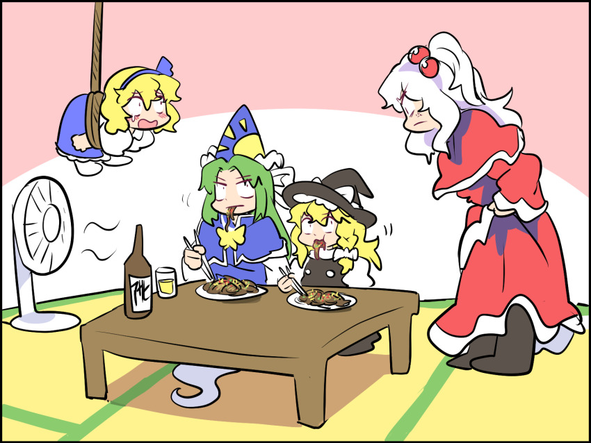 4girls alice_margatroid alice_margatroid_(pc-98) black_vest blonde_hair blue_capelet blue_hairband bound bow bowtie braid capelet dress eating electric_fan ghost_tail green_hair hair_bobbles hair_bow hair_ornament hair_ribbon hairband hands_on_own_hips hat hat_bow highres kirisame_marisa long_hair long_sleeves mima_(touhou) multiple_girls one_side_up open_mouth red_capelet red_dress ribbon rope sekaihebi shinki_(touhou) shirt short_hair side_braid side_ponytail single_braid skirt sun_print sun_symbol tied_up_(nonsexual) touhou touhou_(pc-98) vest white_bow white_hair witch_hat wizard_hat yellow_bow yellow_bowtie