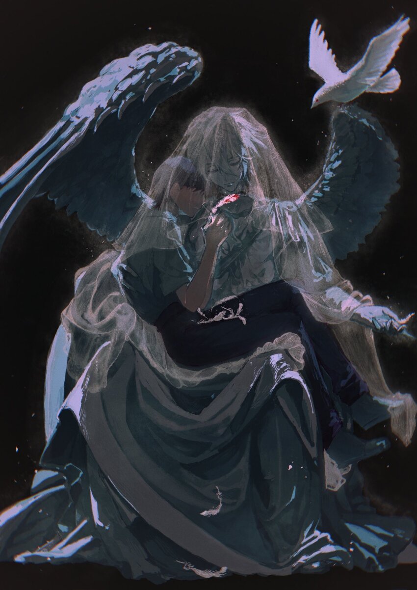 2boys angel_wings bird black_background black_hair black_pants dove feathers film_grain fine_art_parody grey_hair grey_shirt grey_wings highres holding holding_feather ikari_shinji lace_trim male_focus multiple_boys nagisa_kaworu neon_genesis_evangelion pants parody robe see-through_clothes see-through_headwear see-through_sleeves shirt statue veil white_feathers wings zhiwukafuka