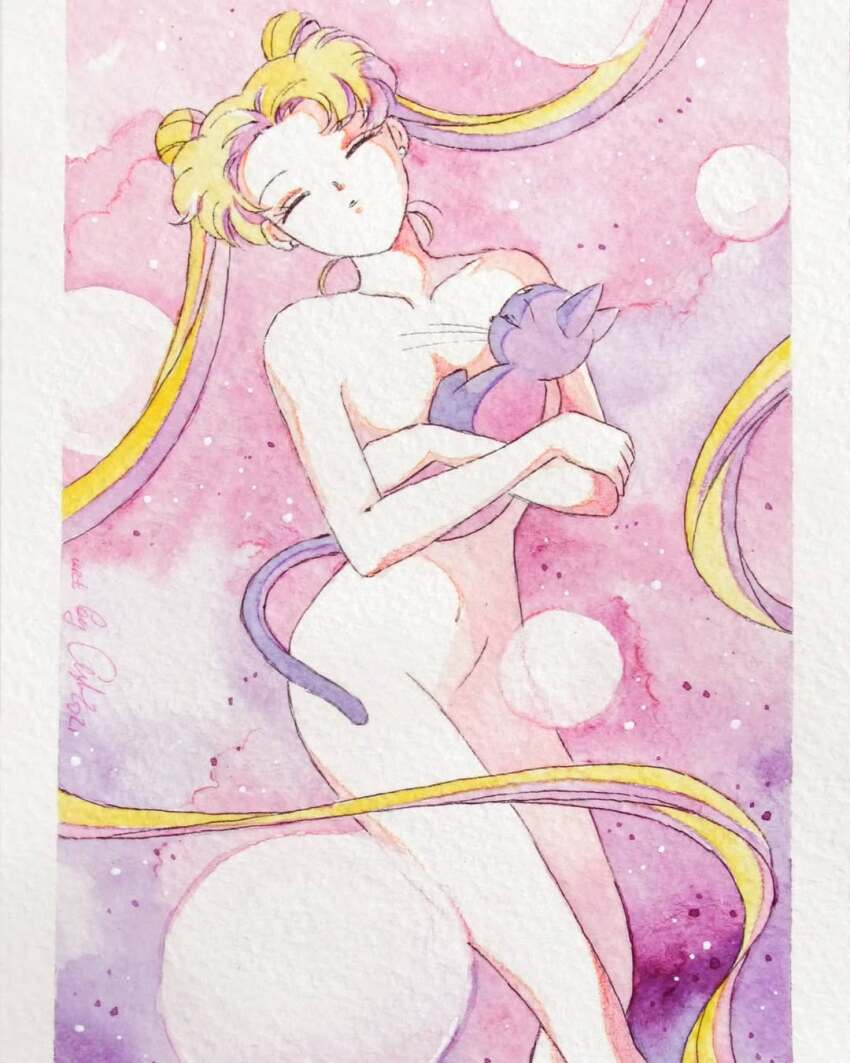 1girl ash_valery bishoujo_senshi_sailor_moon blonde_hair breasts cat closed_eyes covering_breasts covering_privates long_hair luna_(sailor_moon) medium_breasts nude pink_background tsukino_usagi very_long_hair