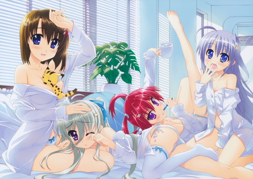 10s 4girls absurdres agito_(nanoha) ahoge arm_support arm_up ass asteion barefoot between_breasts blue_eyes blue_hair bow bow_panties breasts brown_hair cleavage cup dress_shirt einhard_stratos feet flat_chest fujima_takuya hair_ornament hair_ribbon hairclip hand_to_own_mouth highres leg_up long_hair looking_at_viewer looking_back lying lyrical_nanoha mahou_shoujo_lyrical_nanoha_vivid multiple_girls no_shoes off_shoulder official_art one_eye_closed open_mouth panties purple_eyes red_hair reinforce_zwei ribbon see-through_clothes see-through_silhouette shirt side-tie_panties sidelocks silver_hair sitting smile striped_clothes striped_panties tears thighhighs toothbrush twintails underwear white_legwear white_panties window_blinds x_hair_ornament yagami_hayate yawning yokozuwari