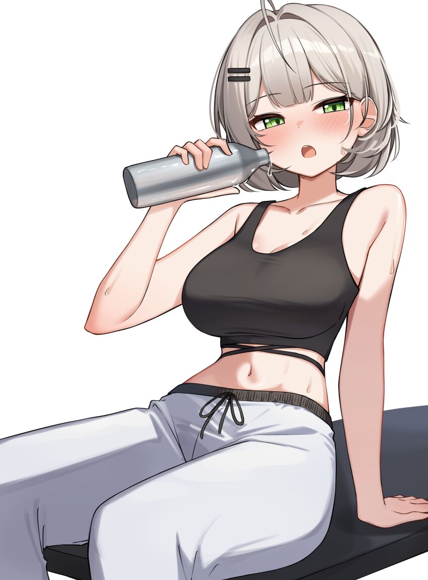 1girl absurdres ahoge arm_support bare_arms bare_shoulders black_shirt bottle breasts crop_top drawstring green_eyes grey_hair hair_ornament hairclip highres holding holding_bottle large_breasts looking_at_viewer midriff navel open_mouth pants shirt short_hair simple_background sitting sleeveless sleeveless_shirt solo stomach sweat tank_top track_pants viichan virtual_youtuber waktaverse white_background white_pants ziro_(zirorong)
