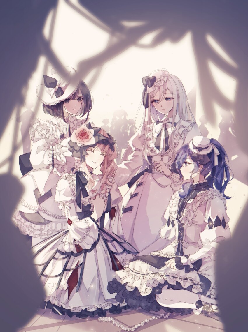 1other 25-ji_kaito 25-ji_len 25-ji_luka 25-ji_meiko 25-ji_miku 25-ji_nightcord_de._(project_sekai) 25-ji_rin 3girls absurdres adjusting_another&#039;s_hair akiyama_mizuki asahina_mafuyu backlighting black_bow black_ribbon blue_eyes bow brown_eyes brown_hair closed_eyes commentary_request crinoline dress flower frilled_dress frilled_skirt frilled_sleeves frills hair_between_eyes hair_bow hair_flower hair_ornament hair_ribbon hand_up hands_on_lap hat hatsune_miku highres kagamine_len kagamine_rin kaito_(vocaloid) keikyoku_no_machi_wa_doko_e_(project_sekai) kneeling lace lace-trimmed_ribbon lace_trim layered_skirt long_hair long_sidelocks long_sleeves looking_at_another megurine_luka meiko_(vocaloid) mini_hat multiple_girls official_alternate_costume outstretched_arm pink_hair ponytail project_sekai purple_eyes purple_hair purple_skirt ribbon rose saku8587 shinonome_ena short_hair side_ponytail sidelocks sideways_hat sitting skirt twitter_username vocaloid wariza white_dress white_hair white_hat yoisaki_kanade