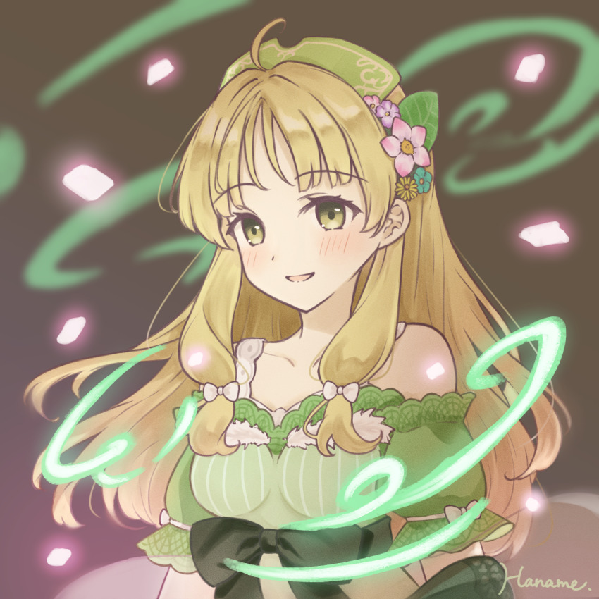 1girl :d ahoge artist_name atelier_(series) atelier_ayesha ayesha_altugle bare_shoulders blonde_hair brown_background brown_eyes flower glowing green_hat green_ribbon hair_flower hair_ornament hanachocolate30 hat highres long_hair looking_at_viewer open_mouth petals pink_flower purple_flower ribbon smile solo upper_body