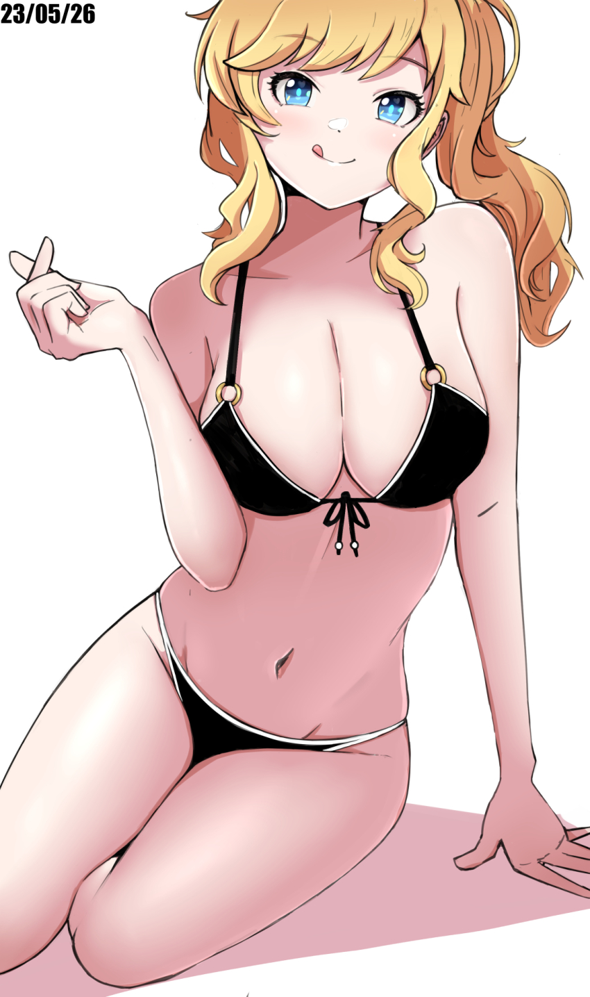 1girl arm_support bikini black_bikini blonde_hair blue_eyes blush breasts cleavage collarbone dated finger_heart front-tie_bikini_top front-tie_top highres idolmaster idolmaster_cinderella_girls koitusmile large_breasts looking_at_viewer navel ohtsuki_yui simple_background sitting smile solo stomach swimsuit tongue tongue_out white_background