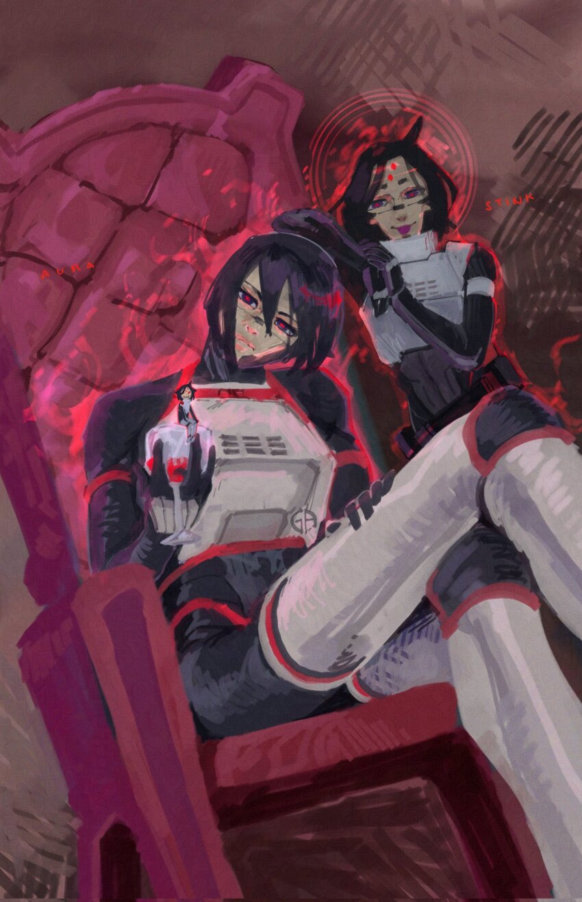 2girls alcohol android armor aura black_bodysuit bodysuit breastplate chair crossed_legs cup drinking_glass facial_mark forehead_mark glasses gretarting halo hand_on_own_leg head_tilt highres kolibri_(signalis) leaning_on_object leaning_to_the_side looking_at_viewer multiple_girls red_eyes signalis sitting storch_(signalis) tall_female wine
