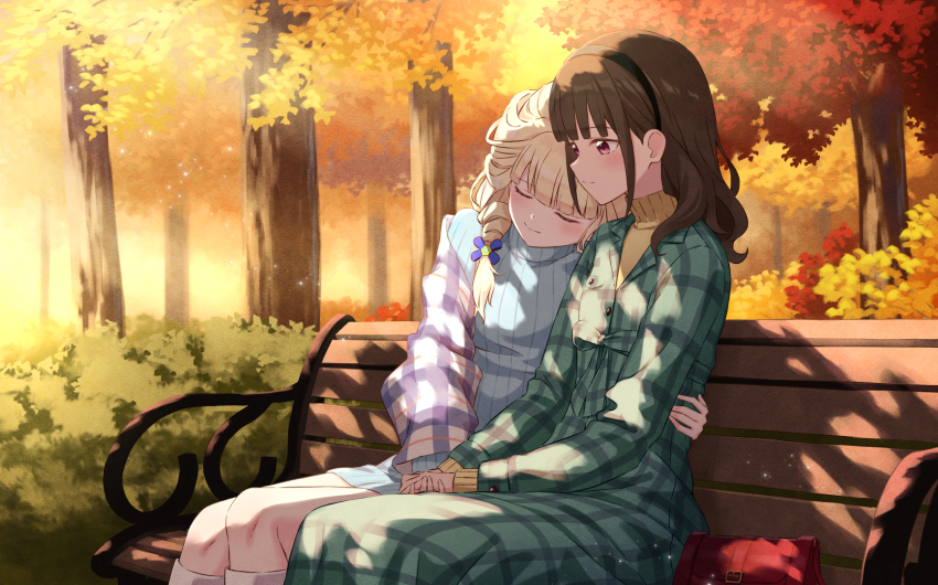 2girls autumn autumn_leaves bench black_hairband blonde_hair blue_dress blue_ribbon blush braid brown_hair brown_sweater bush checkered_clothes checkered_jacket closed_eyes closed_mouth coat dress green_coat hair_ribbon hairband highres holding_hands jacket leaf long_hair long_sleeves multiple_girls nekoyashiki_mayu nekoyashiki_yuki nuenue precure purple_jacket red_bag red_eyes ribbon shade single_braid sitting socks sweater sweater_dress tree white_socks wonderful_precure! yuri