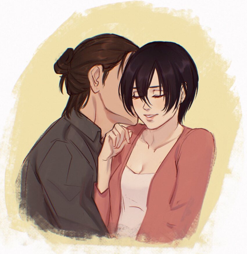 1boy 1girl black_hair black_shirt breasts brown_hair cleavage closed_eyes commentary daydream24-7 english_commentary eren_yeager hair_bun hetero highres medium_breasts mikasa_ackerman pink_hair shingeki_no_kyojin shirt short_hair single_hair_bun smile