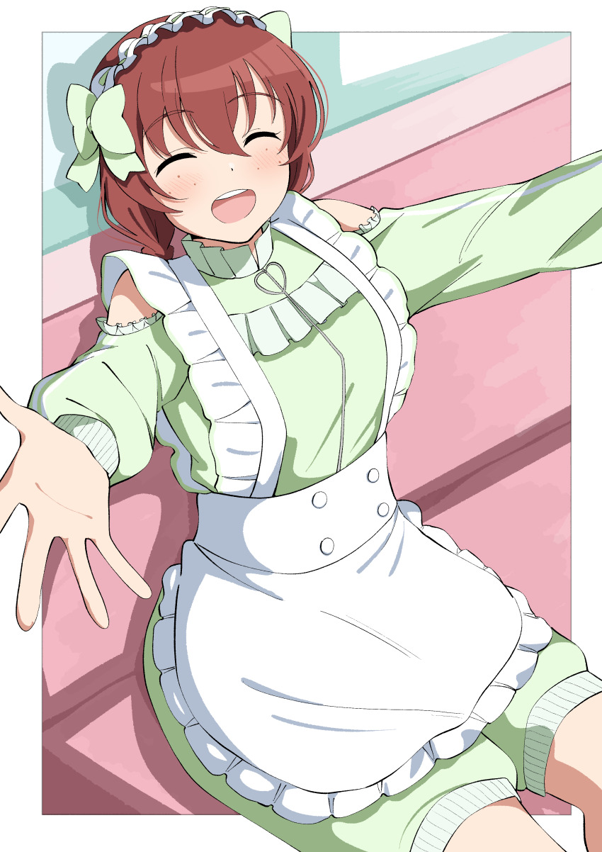 1girl :d ^_^ absurdres apron bare_shoulders border bow braid brown_hair closed_eyes clothing_cutout commentary couch crossed_bangs emma_verde facing_viewer freckles frilled_apron frills green_bow green_jacket green_shorts hair_between_eyes hair_bow highres jacket jersey_maid long_hair looking_at_viewer love_live! love_live!_nijigasaki_high_school_idol_club low_twin_braids maid official_alternate_costume on_couch open_mouth outside_border outstretched_arms shorts shoulder_cutout sitting smile solo twin_braids uchuu_no_mozuku unconventional_maid waist_apron white_apron white_border