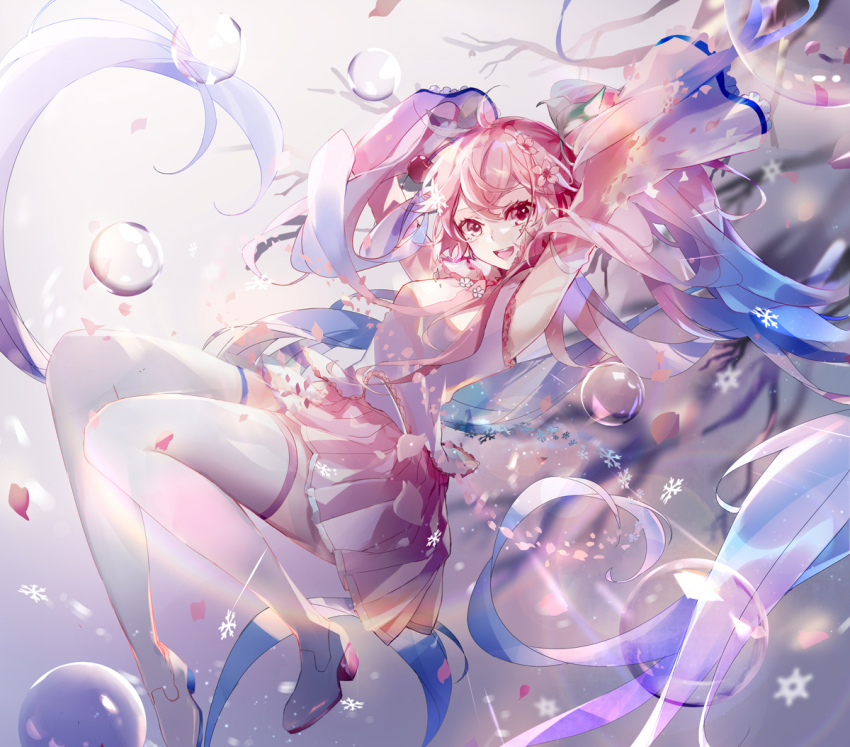 absurdly_long_hair arms_behind_head blue_hair blurry blurry_background bubble cherry_blossoms cherry_hair_ornament commentary depth_of_field detached_sleeves flower food-themed_hair_ornament full_body gradient_hair hair_flower hair_ornament hatsune_miku long_hair looking_at_viewer mamenomoto miniskirt multicolored_hair necktie open_mouth petals pink_eyes pink_hair pink_neckwear pink_skirt sakura_miku shirt skirt sleeveless sleeveless_shirt smile snowflakes thighhighs very_long_hair vocaloid white_shirt white_sleeves white_thighhighs